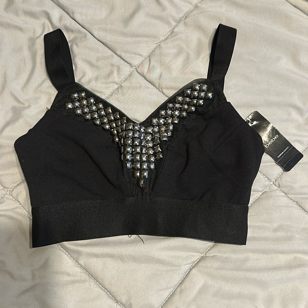 BEBE original black crop top with metallic detailing